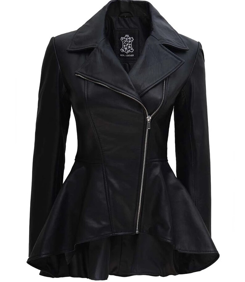 Handmade Womens Black Peplum Leather Jacket image 1