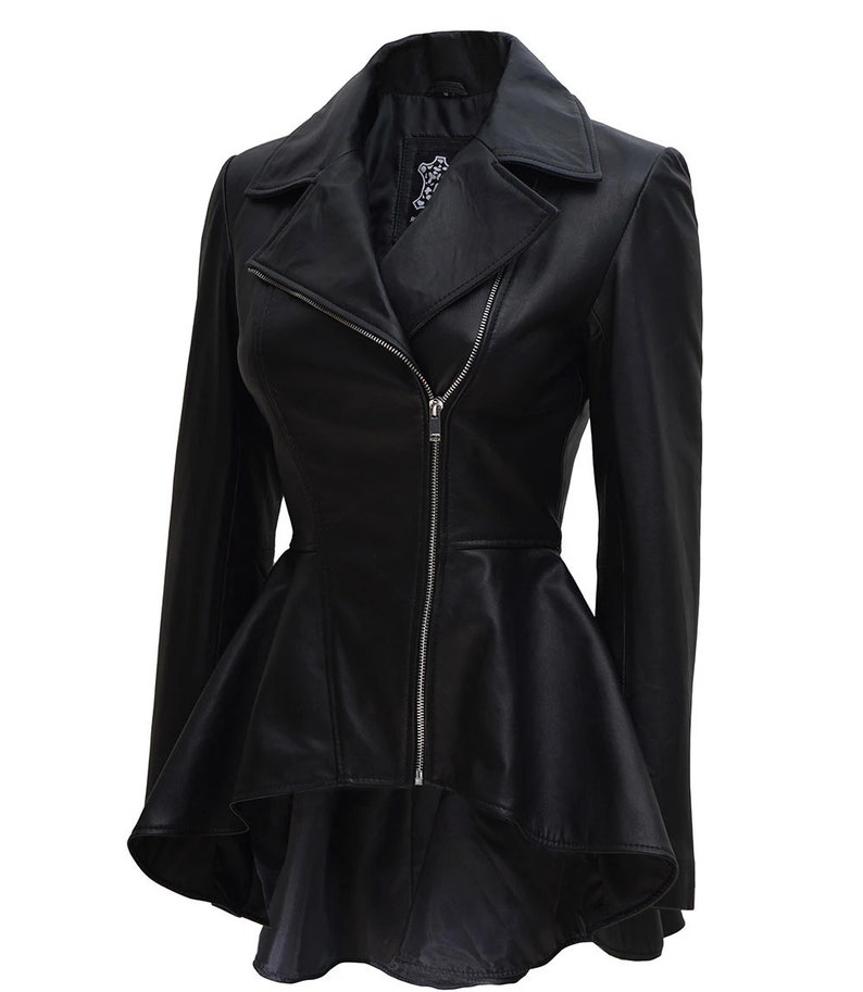 Handmade Womens Black Peplum Leather Jacket image 2