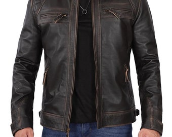 Diamond Mens Dark Brown Motorcycle Leather Jacket