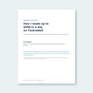 Può includere: Un documento bianco intitolato Independent Tasker Guide: How I made up to $500 in a day on Taskrabbit. Il testo include sezioni su come iniziare, scegliere il lavoro, i prezzi e il servizio, scritto da Mohabbat, con un disclaimer in fondo alla pagina.