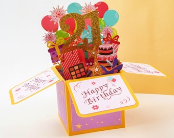 Happy 21st Birthday Surprise Box - Pop Up Birthday Card with Envelope - Unique 3D Birthday Greeting Card