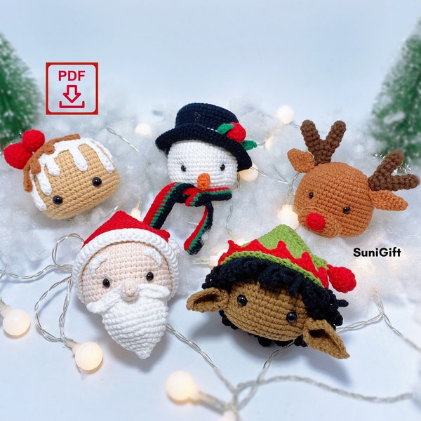 Décorations de Noël faciles au crochet : Père Noël, bonhomme de neige, renne et pain d'épice, fichier PDF amigurumi (terme anglais américain), décoration d'arbre de Noël