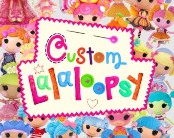 May include: A vibrant image showcasing numerous Lalaloopsy dolls encircling a sign that says "Custom Lalaloopsy." The sign has a white background with a pink, scalloped edge, and the text is in a variety of bright colours. The dolls have large eyes and unique hairstyles.