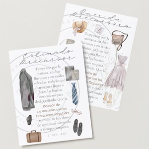 Peut inclure: Deux illustrations à l'aquarelle avec des superpositions de texte. La première illustration représente un homme en costume gris, cravate bleue et chaussures marron. Le texte dit "Estimado precursor" et "Temprano por la mañana, en días lluviosos y en tardes soleadas, todo lo que haces para levar a otros las buenas noticias no pasa desapercibido. Que la Reunión de los Ancianos con los Precursores Regulares reanime tu fe y deseo de continuar sirviendo a tiempo completo. 2 Cor. 4:13". La deuxième illustration représente une femme en robe gris clair, un sac à main marron et des sandales marron. Le texte dit "Querida precursora" et "Temprano por la mañana, en días lluviosos y en rardes leadas, todo lo que ces para llevar a tos las buenas icias no pasa cibido. Que la nión de nos con los $ Regulares fe y deseo sirviendo mpleto. 2 Cor. 4:13".