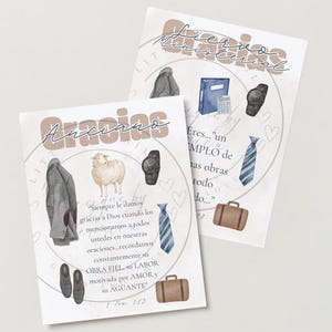 Op de afbeelding: Een printbare kaart met een aquarel-illustratie van een schaap, een aktetas, een stropdas, een horloge en een jas. De kaart heeft de tekst "Gracias Anciano" en "Siempre le damos gracias a Dios cuando los mencionamos a todos ustedes en nuestras oraciones...recordamos constantemente su OBRA FIEL, su LABOR motivada por AMOR y su AGUANTE 1 Tim 1:23".