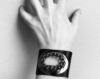 Gothic Cuff, Rock Style Cuff, Statement Bracelet, Black Genuine Leather, Stainless Steel Clasp, Gift For Women Men