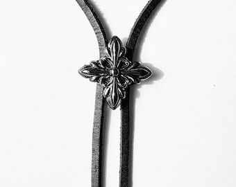 Black Nickel Leder Bolokrawatte, Gothic Rock Stil, Handgemacht