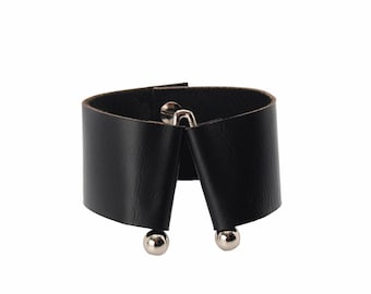 Punk Cuff, Gothic Cuff, Statement Bracelet, Spiked Cuff, Black Genuine Leather, Gift For Women Men