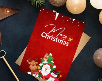 Op de afbeelding: Een rode kerstkaart met de tekst "Merry Christmas" en een ster. De kaart heeft een cartoonillustratie van Sinterklaas, een rendier, een sneeuwpop en een kerstboom.
