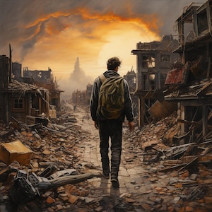 Puede incluir: Una figura solitaria camina por un paisaje urbano desolado, con una mochila al hombro. Los edificios están en ruinas y cubiertos de vegetación, y el cielo es de un naranja ardiente. La escena evoca una sensación de desolación postapocalíptica.
