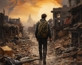 Man Walking across destroyed city rugged Wall Art, Digital Art Print,AI Generated, Wall Art,Digital Download, Home Decor, Printable, AI Art,