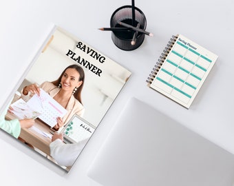 May include: A white and blue saving planner with a grid layout and the text "Saving Planner". The planner is open to a page with a calendar and a woman pointing to it. The text "Plan It Now" is visible on a laptop screen.