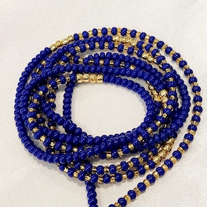 Blue and Gold Glass Seed Bead Waist Beads: African Belly Jewelry