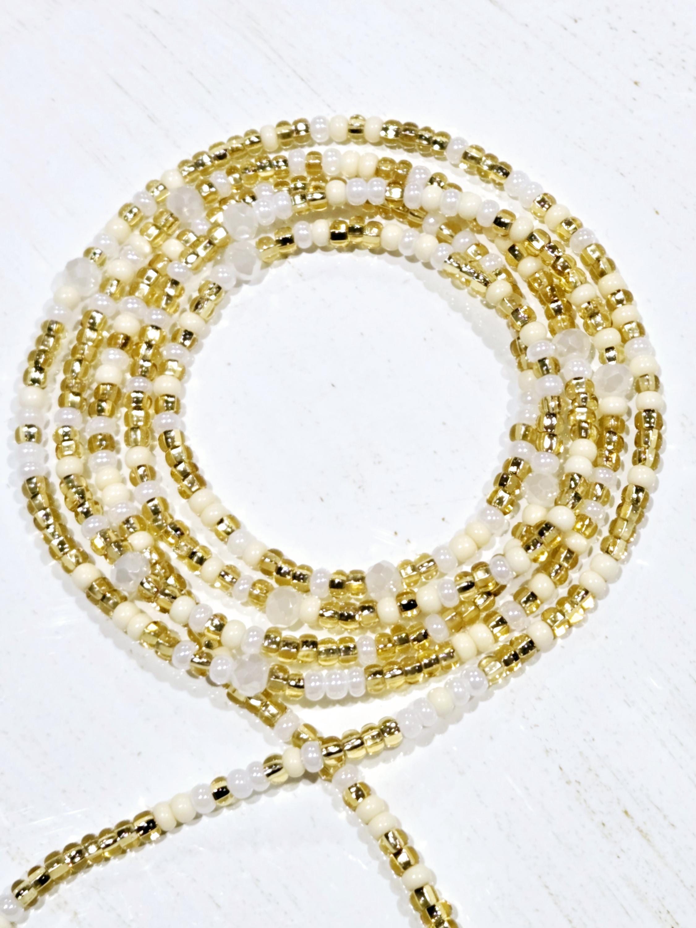 White & Gold Glass Seed Bead Waist Beads – Tie on Belly  display picture 3