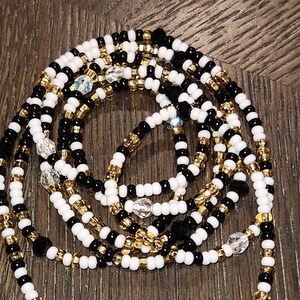 Tie On Waist Beads: Black, White & Gold Glass Seed Beads