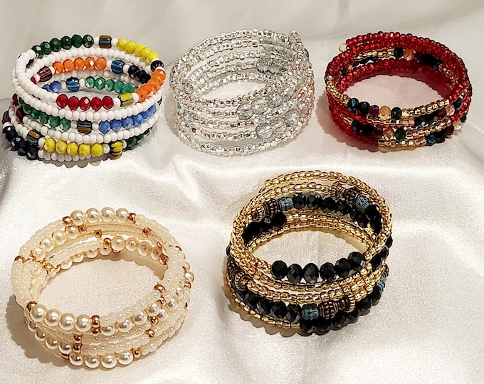 Rainbow, Glass Pearl, Memory Wire Bracelet, Double Wrapped, Beaded ...
