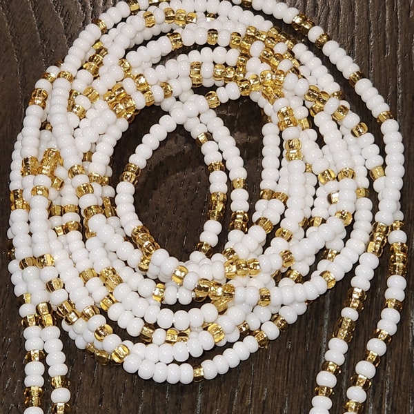 White & Gold Waist Beads- Tie On Waist Beads- African Waist Beads- High Quality Waist Beads-Belly jewelry- Weight Loss Tracking- Black Owned