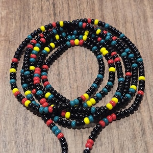 Tie On Waist Beads: African Glass Seed Beads - Black Red Yellow Green