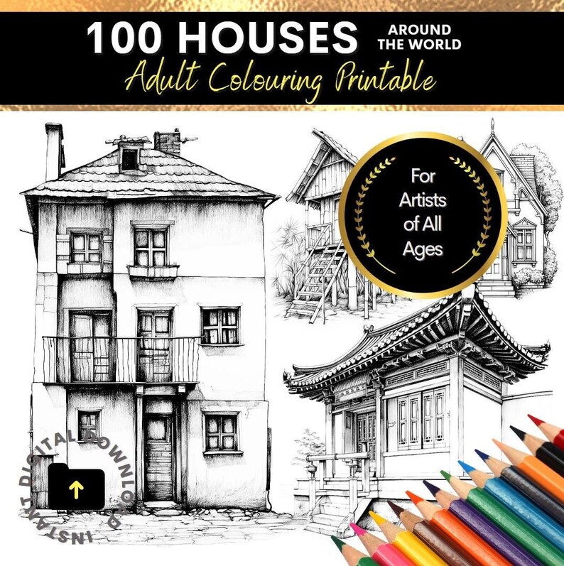 100 Houses Around the World Colouring Printable for Adults and Teens ...