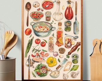 Kitchen Print Food Illustration Ingredients Print Vintage Wall Display Home Decor Gift Affortable Art Digital Printable Download