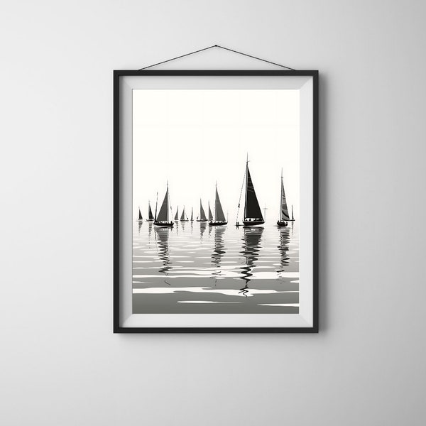 Boats at sea prints, Nautical wall decor, printable wall art, black and white print minimalist boat decor, sailing boat wall art