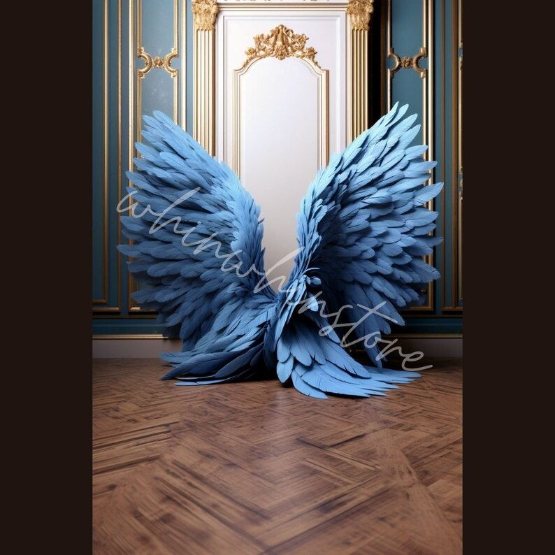 Digital Backdrops With Big Blue Angel Wings in A Palace Setting 5 PNG