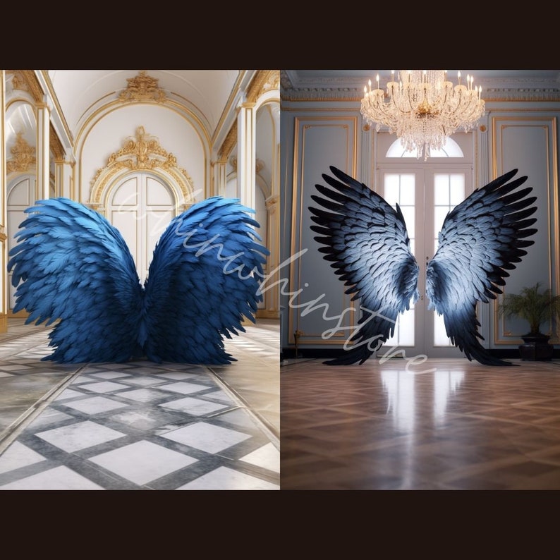 Digital Backdrops With Big Blue Angel Wings in A Palace Setting 5 PNG