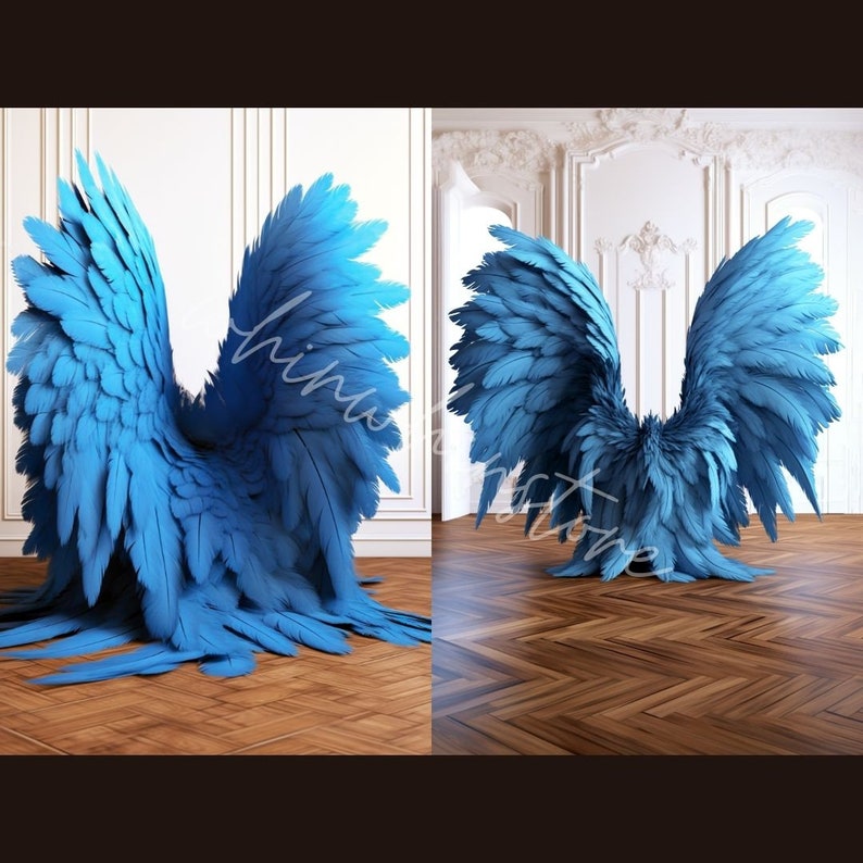 Digital Backdrops With Big Blue Angel Wings in A Palace Setting 5 PNG