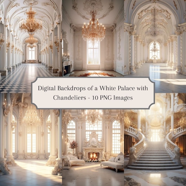 White Palace Braut Kulissen mit Kronleuchter, ideal für Mutterschaft und Hochzeit Porträts - 10 PNG Bilder - Instant Download