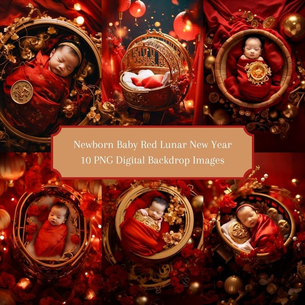 Digital Backdrops for Newborn Baby's in a Red Lunar New Year Theme - 10 PNG Dreamy Baby Backdrop Images - Cradle, Crib - Instant Download