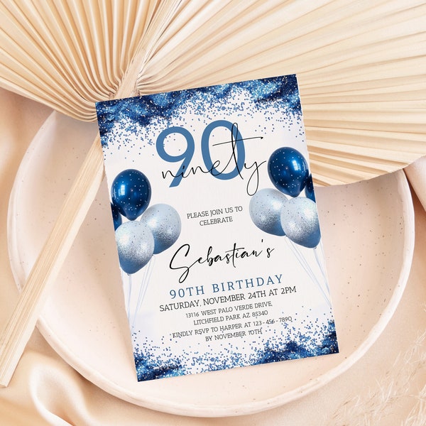 90th Birthday Invitation Template, Editable 90th Birthday Party Card, 90th Birthday Invites for Man, Birthday Celebration Invite BD9015