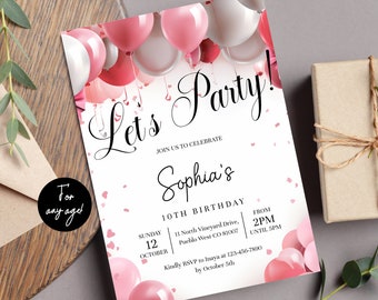 Pink Balloons Birthday Party Invitation, Birthday Invitation for Any Age, Digital Birthday Invite Template, Girls Birthday Invitation A01