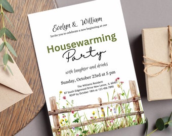 Watercolor Wildflower Housewarming Invitation Template, New Home Party Invitation, New House Party Invitation, Editable and Printable  HW005