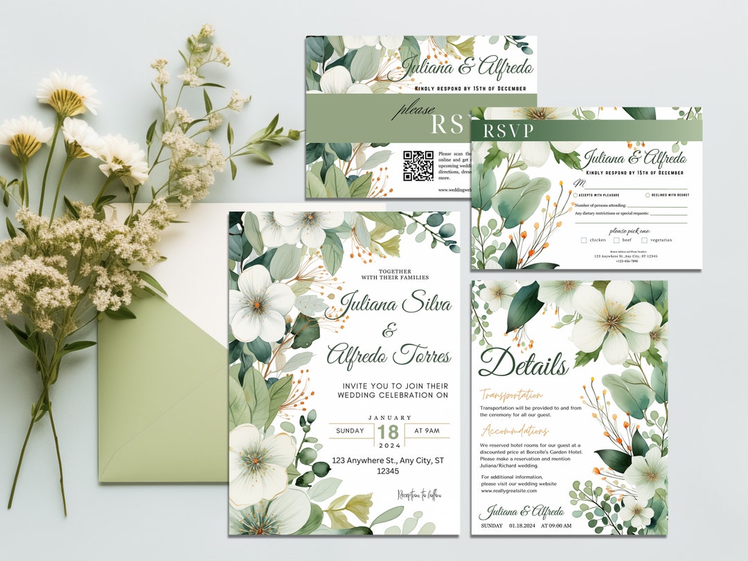 EVERGREEN Watercolor Floral Wedding Invitation Template, Canva DIY ...