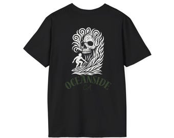 Oceanside Skull Surf T-Shirt, Unisex Softstyle Tee, Summer Vibes Shirt, Beach Apparel, Gift for Surfers