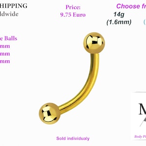 Belly ring, Curved barbell, Anodized Gold, 14G, 16g, belly button, 3,4,5mm balls. Dainty belly ring, lips, septum,Banana barbell,eyebrow,ear