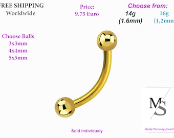 Belly ring, Curved barbell, Anodized Gold, 14G, 16g, belly button, 3,4,5mm balls. Dainty belly ring, lips, septum,Banana barbell,eyebrow,ear