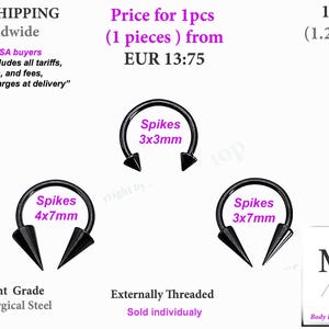 Op de afbeelding: Drie zwarte hoefijzervormige piercings met puntige uiteinden. De maten zijn 3x3mm, 4x7mm en 3x7mm. De gauge is 16g (1,2mm). Het materiaal is 316L chirurgisch staal.