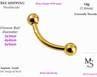 Barre d'haltères courbée en or anodisé. Nombril 14G, boules de 3,4,5 mm. Anneau de ventre délicat, lèvres, septum, 6 mm, 8 mm, 10 mm 12 mm 14 mm 16 mm Barre d'haltères banane