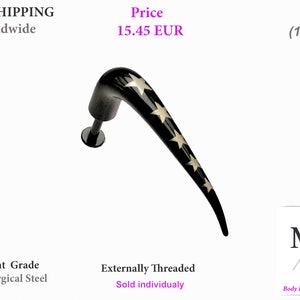 May include: Black surgical steel curved barbell with a star design. The barbell is 1.6mm thick and is externally threaded. Implant grade 316L surgical steel.