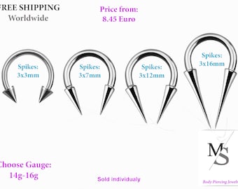 Septum, Horseshoe Circular barbell with Very Long spikes.16g & 14g, 1.6mm, 1.2mm.spikes, conch, rook, anti helix, helix, ear, nose