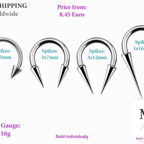 Septum, Horseshoe Circular barbell with Very Long spikes.16g & 14g, 1.6mm, 1.2mm.spikes, conch, rook, anti helix, helix, ear, nose