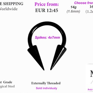 May include: Black surgical steel circular barbell with two pointed spikes. The barbell is externally threaded and has a diameter of 4mm and a length of 7mm.  Spikes: 4x7mm