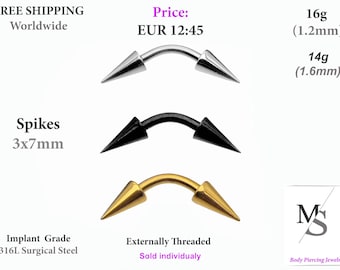 May include: Three curved barbell body jewelry pieces with spikes. The barbells are silver, black, and gold. The barbells are 3mm by 7mm. The text "Spikes 3x7mm" is visible. The text "Implant Grade 316L Surgical Steel" is visible. The text "Externally Threaded Sold individually" is visible.