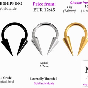 Septum, Horseshoe Circular barbell with Very Long spikes.16g & 14g, 1.6mm, 1.2mm.spikes, conch, rook, anti helix, helix, ear, nose