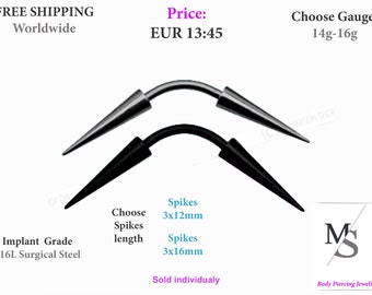 May include: Two surgical steel curved barbell body piercing jewelry with pointed spikes. The barbell is available in two lengths: 12mm and 16mm. The barbell is available in two colors: silver and black. The gauge is 14g-16g.