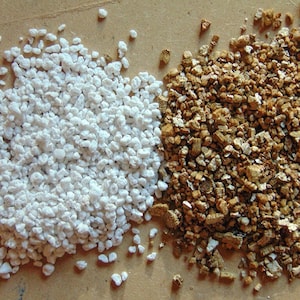 Pode incluir: Duas pilhas de pequenas pedras porosas de forma irregular, brancas e marrons. As pedras brancas estão à esquerda e as marrons à direita.