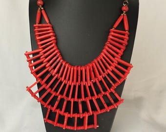 Red Coral Statement Necklace • Vintage Tribal Bib Necklace • Boho Ethnic Jewelry with Bronze Chain