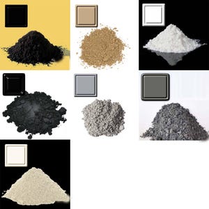 Puede incluir: Una colección de sustancias en polvo de varios colores, incluyendo negro, beige, blanco, gris y gris oscuro. Cada montón de polvo está acompañado de una muestra de color cuadrada, que sirve como referencia visual.
