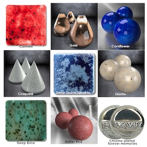 Könnte beinhalten: Ein Raster aus neun Produktmustern mit verschiedenen Texturen und Oberflächen: Carmen-Rot, goldene Tropfenformen, kornblumenblaue Kugeln, weiße Craquelé-Kegel, tiefblaues Weltraum-Glitzern, Diorit-Kugeln, tiefes Sole-Grün, glitzernde rote Kugeln und verchromte Forever-Memories-Scheiben.